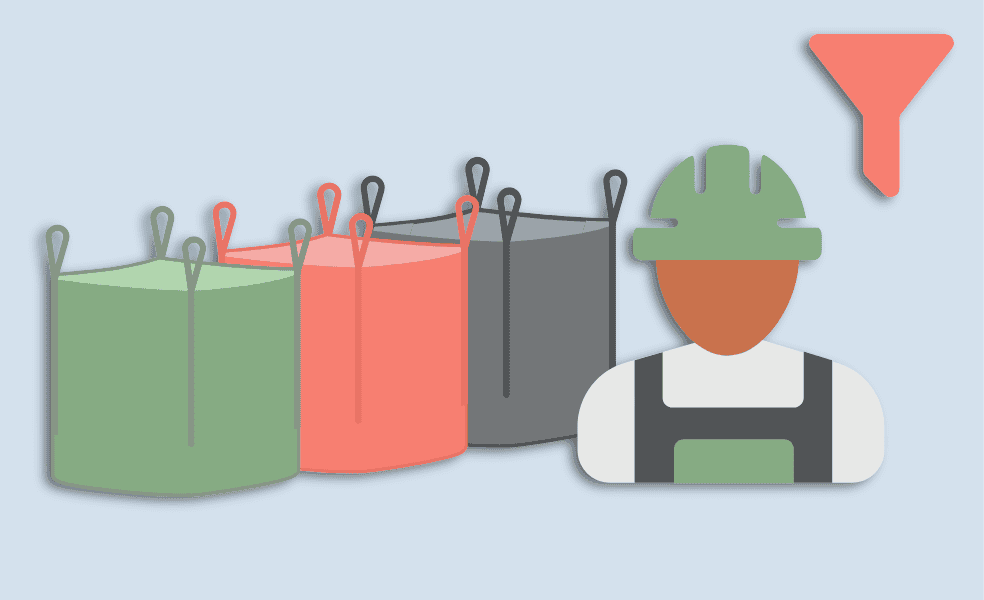 Représentation d'un gestionnaire de déchets avec poubelles colorées et casque de sécurité.