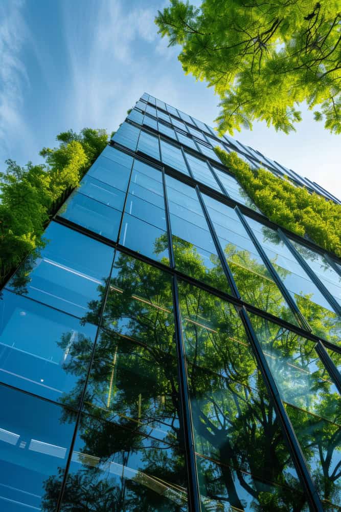 Balcon en verre écologique et façade en verre durable.