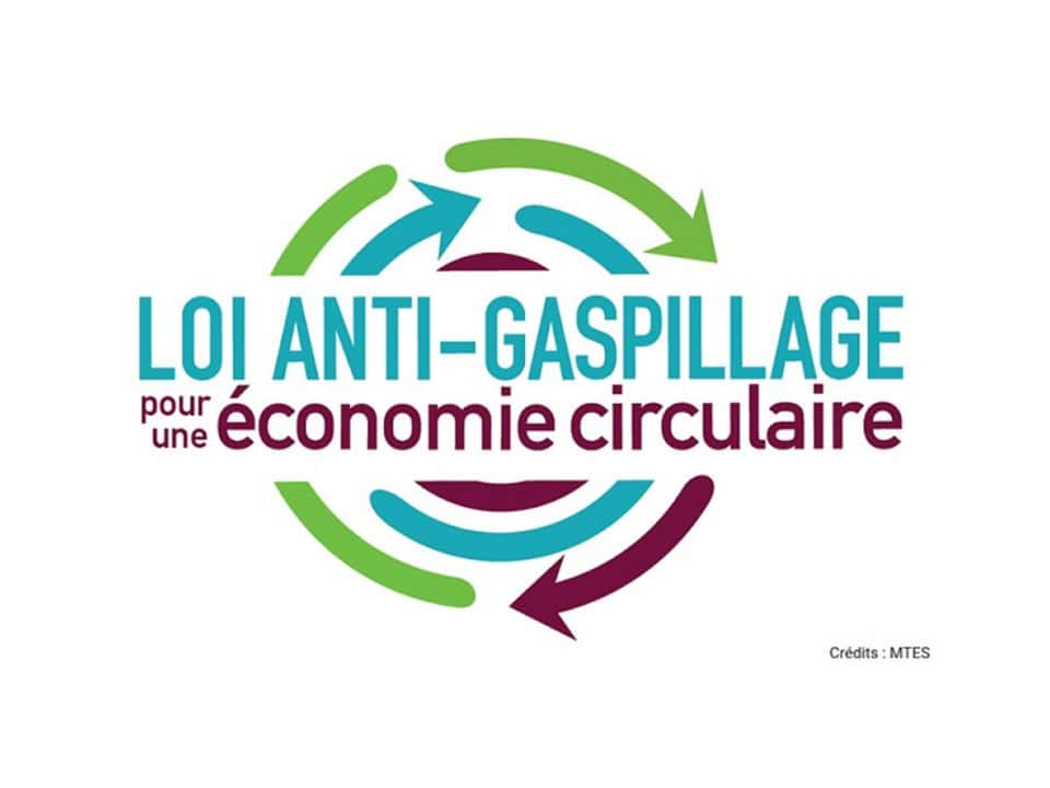 Logo de la loi anti-gaspillage pour une économie circulaire, symbolisant la durabilité et la réducti.
