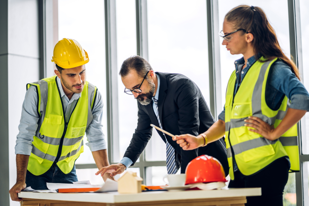 Techniciens et ingénieur discutant des plans de construction.
