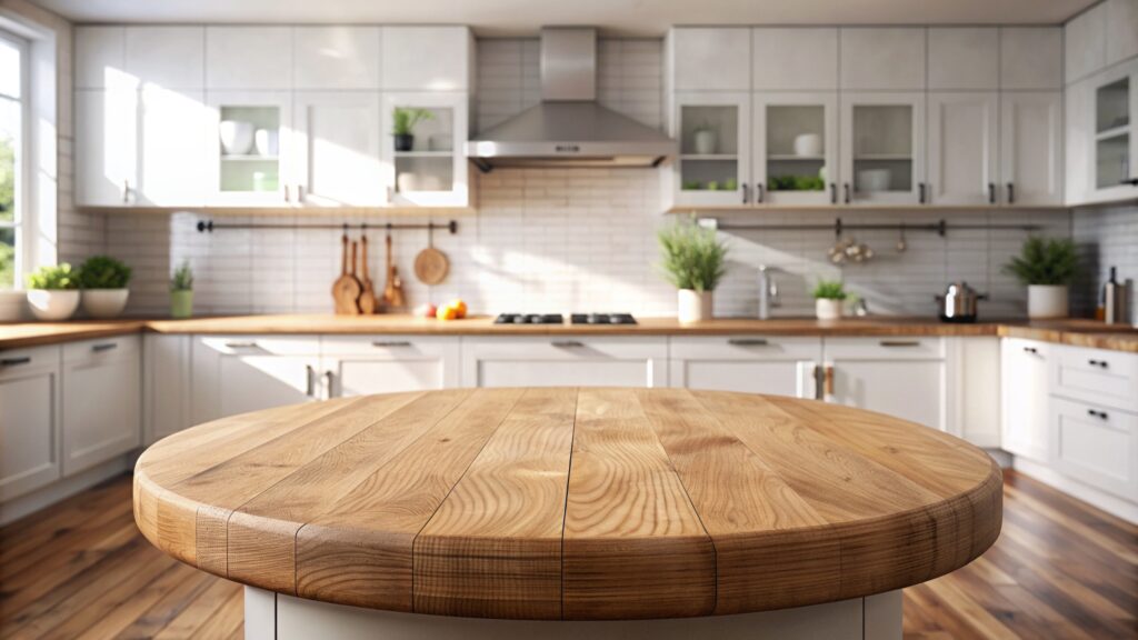 Table ronde en bois dans une cuisine moderne, écologique et durable.