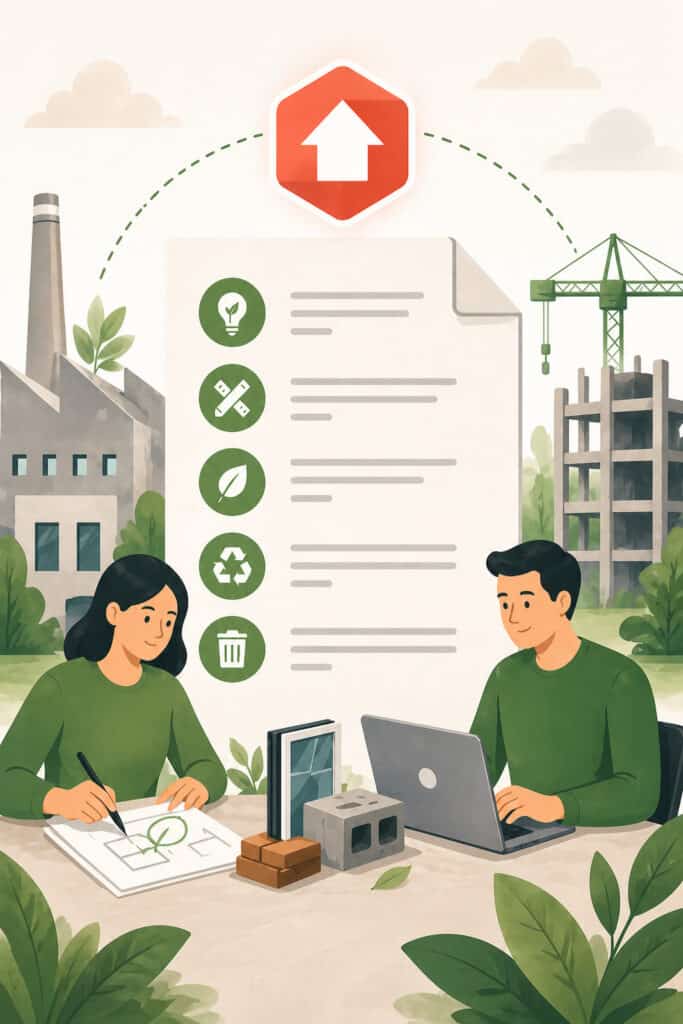Deux professionnels discutent de pratiques durables pour la construction écologique.